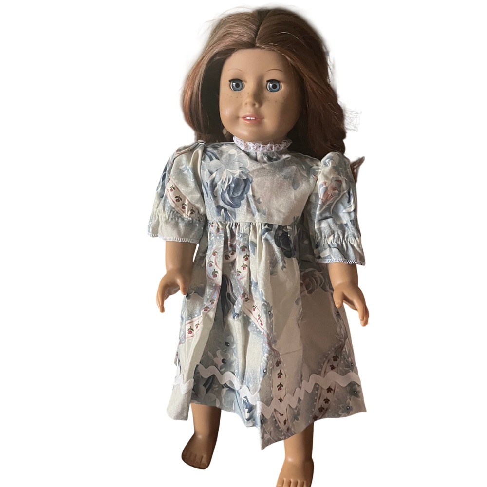 Handmade Floral Doll Dress for 18 Inch Dolls Blue Cream Lace Trim Ric Rac Hem